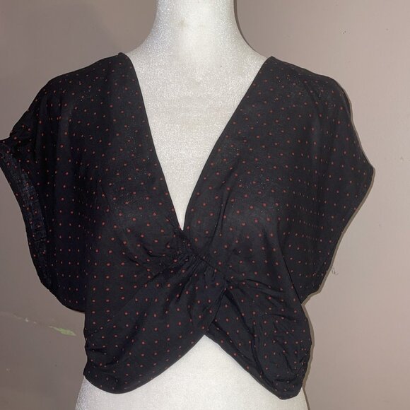 Zara Semi Sheer Crop Blouse Shirt Black Red Polka Dots Smock Waist Deep V Sz L - Picture 1 of 9